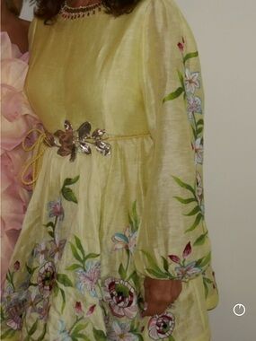Light Yellow Floral Embroidered Mini Dress with Metallic Waist Accent